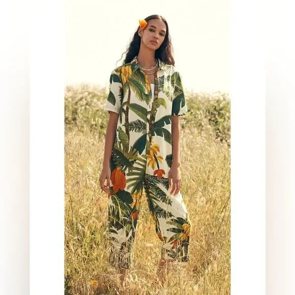 Farm Rio White Cocoa Forest Green Jumpsuit Short Sleeves Size XS - Picture 2 of 9